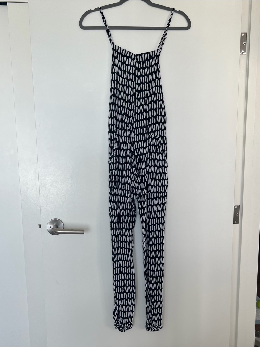 Ava Sky Black and White Printed Spaghetti-Strap Jumpsuit